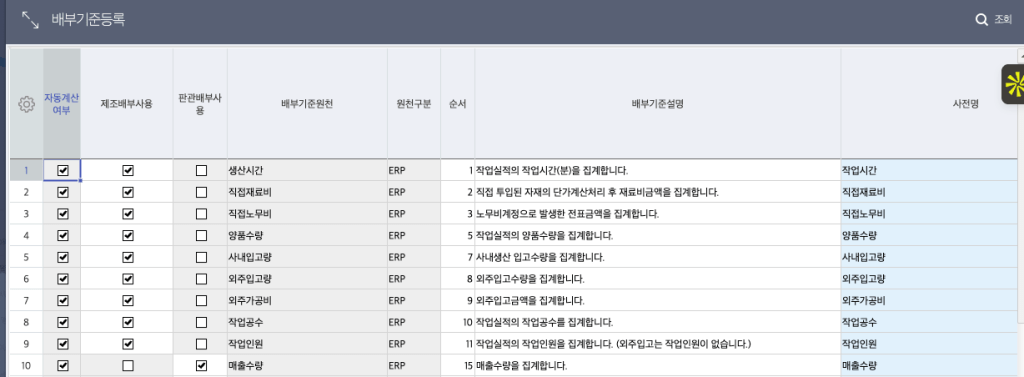 결산 체험 : 원가배부기준 등록